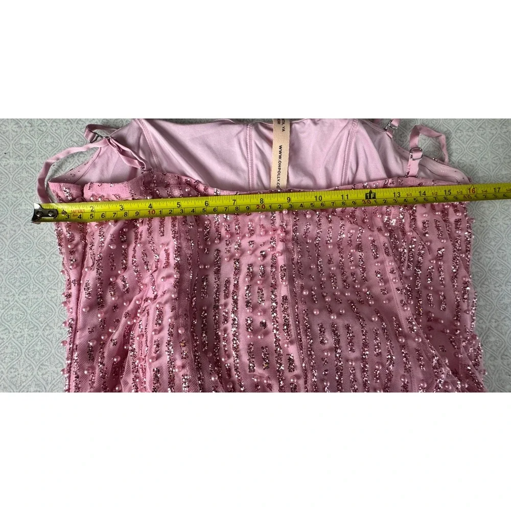 Oh Polly Pink Beaded Sequin Mini Dress Strapless Corset Pearl Embellished US 14 - Picture 5 of 9